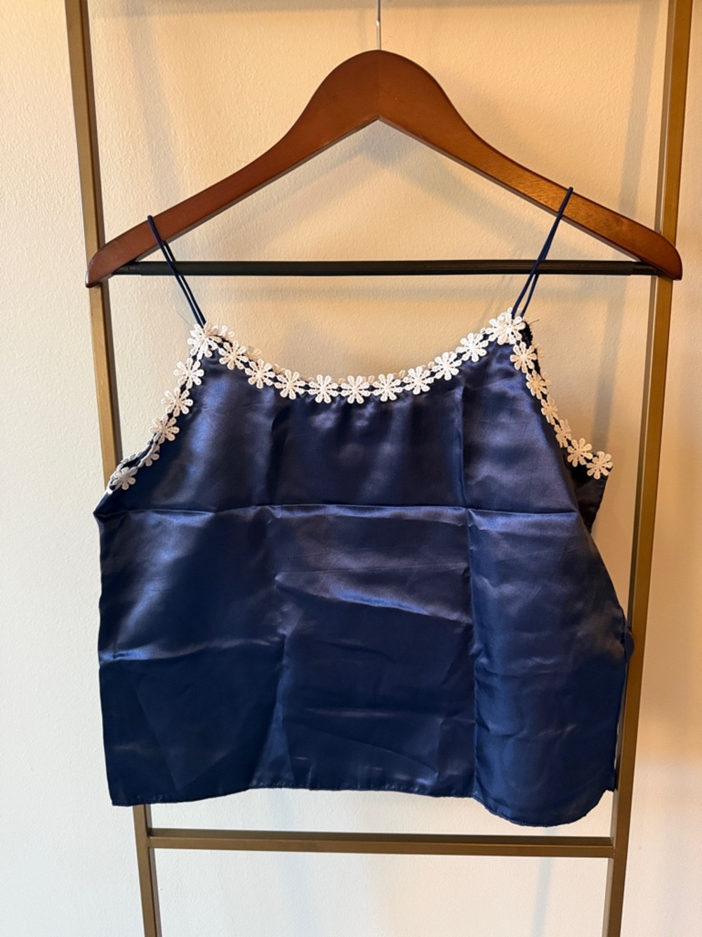 Navy Satin Camisole with White Floral Trim